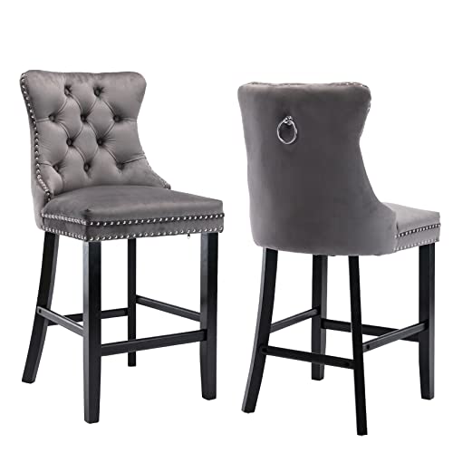Butacos de altura para barra tapizados en terciopelo Aoowow, set de 2 unidades, asiento de 26.3 pulgadas, sillas sin reposabrazos con respaldo alado y acolchado con botones, patas de madera maciza para isla de cocina o área de bar (Gris) miniatura 1