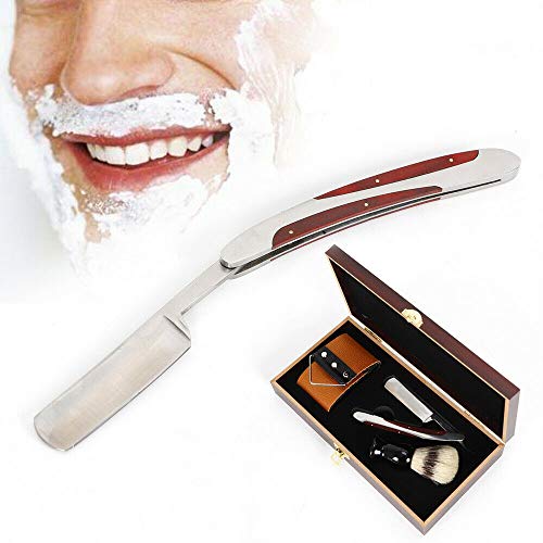 RANZHIX Shaving Set Amazing Straight Razor Shaving Kit 4 in 1 Cut Throat Straight Razor With Wooden Box Leather Rope Soft Brush for Men, Dad Gift Box