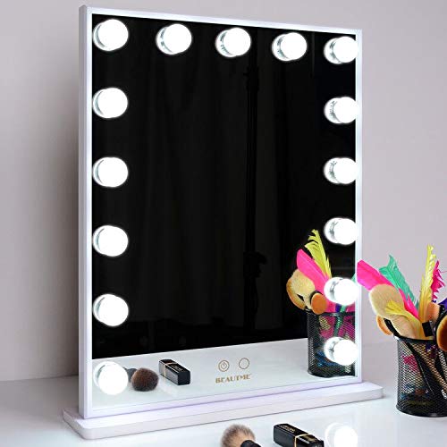 Espejo de tocador WONSTART, espejo de tocador con luz y luz de maquillaje, con 15 bombillas LED, tocador y mesa de tocador iluminado (blanco)