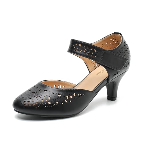 Women's Vintage Mary Janes Shoes Comfortable Oxford Cutout Low Kitten Heels Closed Toe Dressy Office Work Pumps