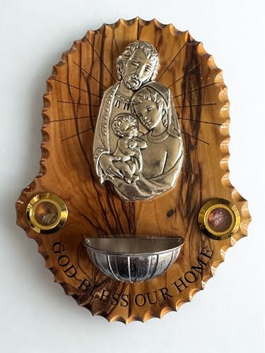 Holy Land Olive Wood Holy Water Font with Holy Family - Wall Mounted Blessing Font, Olive Leaves & Rose Incense Capsules + Certificate of Authenticity