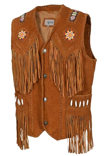 Image of Men's Western Cowhide Suede & Leather Vest - Beaded Fringe Yoke & Back Native-Inspired Cowboy Biker Vest