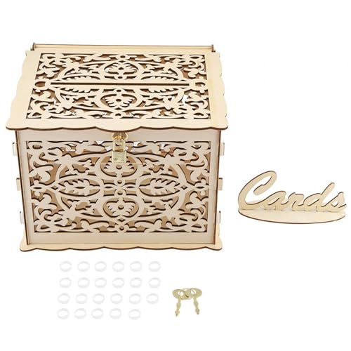 HERCHR Caixa dourada para cartões de casamento com fecho, caixa de madeira para cartões de presente para receção de casamento caixa de madeira para presente de casamento mealheiro para festa