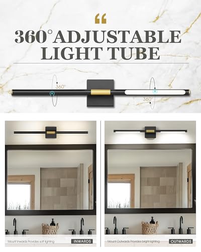 Image of 24 Inch Bathroom Light Fixtures, 16W 3CCT Dimmable CRI90 Black and Gold LED Vanity Lighting Fixtures Over Mirror, 360 Rotatable Modern Bathroom Vanity Light Bar, AD-W9465-L60-BK