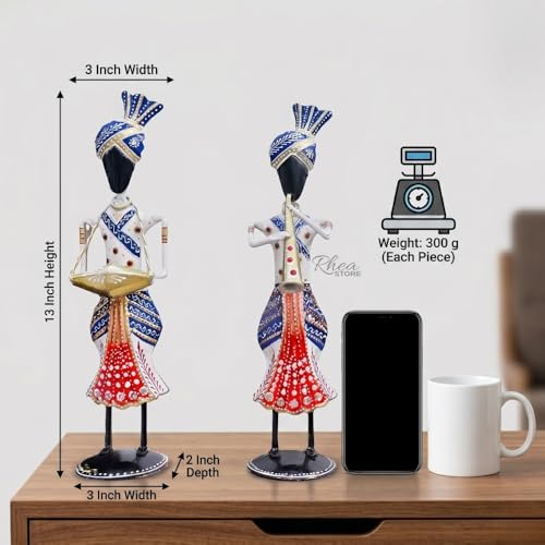 Image of Big Sardar Set of 3 White Handcrafted Rajasthani Musician Figurines, Traditional Metal Table Decor Showpiece for Office Desk, Corporate Bulk Gifting (2x3x13 Inch)