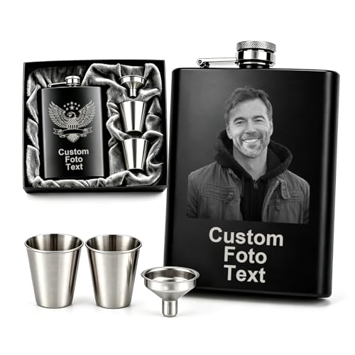 Personalisierter Flachmann mit Foto Gravur aus Edelstahl - Taschenflasche mit Bild Geschenk für Männer Papa Ehemann Trauzeuge Vatertag Hochzeit Geburtstag (Schwarzes Foto)