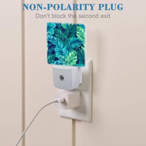 Image of Night Light Plug into Wall Turquoise and Green Tropical Leaves Night Light with Dusk to Dawn Sensor Night Light for Kid Girls Boys Women Room Decor,Hallway,Kitchen,Bathroom,Nursery,Stairs