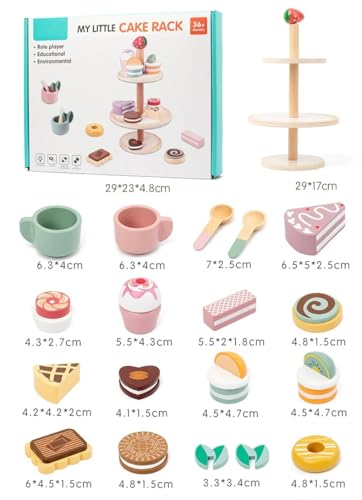 Image of Wooden Afternoon Tea Party Set for Kids- Includes Pastries- Cookies- Cake Rack- Cups & Spoons- Children's Food Play-Kitchen Accessories