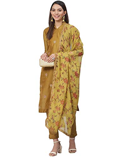 Image of AKHILAM Women's Chanderi Cotton Embroidered Unstitched Salwar Suit Material (Red 32DMK80 M Parent)