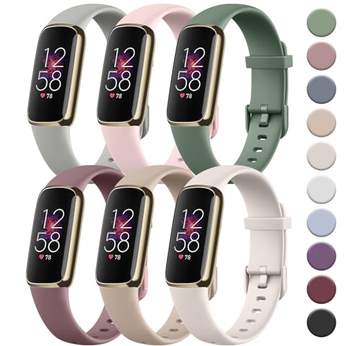 Tobfit 6 PACK Sport Bands Compatible with Fitbit Luxe Bands for Women Men Soft Silicone Waterproof Straps Replacement Wristbands Compatible for Fitbit Luxe Watch Band Small Light Grey/Light