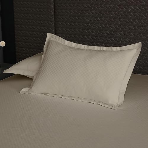 Image of Story@Home Luxe King Size Fitted Bedsheet with 2 Pillow Covers | 500 TC Egyptian Cotton Compact Yarn | 182 x 198 cm | Fits Up to 12 Inch Mattress | Checkered Jacquard | Beige | Gift Packaging