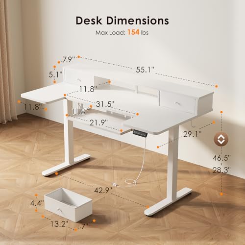 Image of OffiGo U Shaped Electric Standing Desk with Drawers, 55 Inch Height Adjustable Desk with Keyboard Tray & Ergonomic Monitor Stand, Sit Stand Table with Power Outlets for Home, Office, White