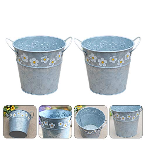 Yardwe Vintage Decor 2Pcs Galvanized Planter Metal Flower Pot Embossed Vintage Bucket Daisy Pattern Planter Indoor Outdoor Home Decoration Flower Pot For Garden Balcony Patio Lawn Home Decor #TOP2