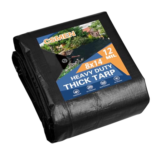 CSMEN Tarp Heay Duty Waterproof 10x16ft Black Tarp Cover Plastic Poly Tarpaulin for Outdoor Cover Emergency Rain Roof Pool Boat Camping - Multipurpose with 12Mil Thicknessv