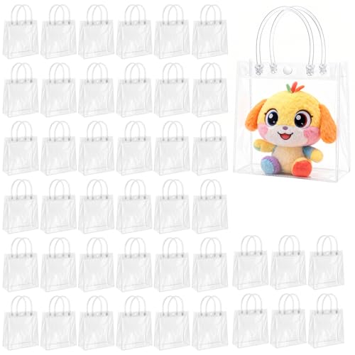 FVIEXE 100PCS Clear PVC Gift Bags with Handles, 5.9 x 6.3 x 2.75 Inch Bulk PVC Plastic Bags for Gifts, Mini Party Favor Bags for Wedding, Birthday, Christmas, Boutique