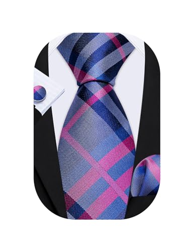 Image of Barry.Wang Plaid Ties Check Mens Necktie Set with Handkerchief Cufflinks Classic Stripe