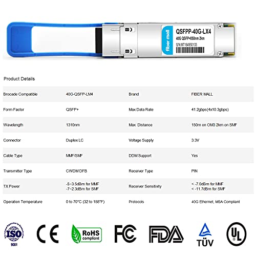 Image of 40G QSFP+ LX4 for Brocade 40G-QSFP-LM4 40GBASE-LX4 QSFP+ 1310nm 4 CWDM 1310nm 2km /150m SMF /MMF LC DDM Optical Transceiver Module
