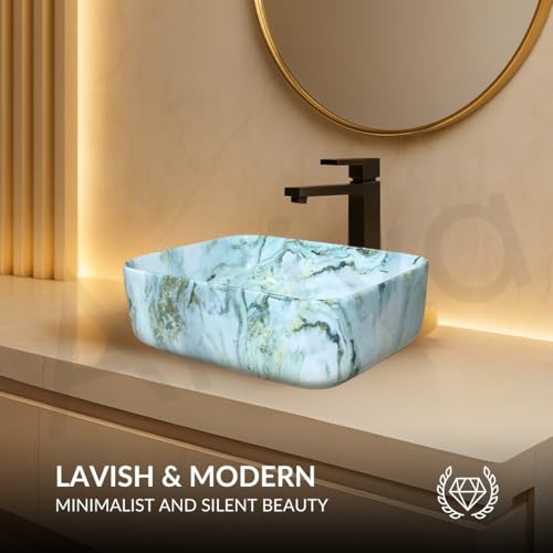 Image of Artiva Ceramic Wash Basin /Tabletop Washbasin For Bathroom,12 inchx16 inch /Small Countetop Bathroom Basin /Table Top Basin For Home,Office,Hotel /Rectangle Glossy Sink (Osian Green,12x16 Inch)