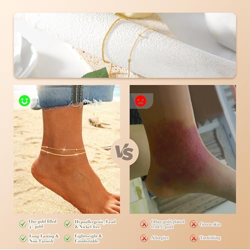 Image of Kenivira Sterling Silver Ankle Bracelets for Women,Gold Dainty Layered Waterproof Anklet for Women, Anklet Set Stackable Beach Gift Adjustable Size