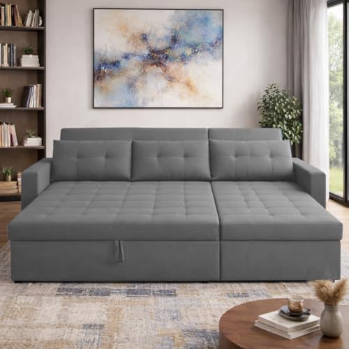 Image of Emilio 4 Seater RHS L - Shape Pull-Out Sofa Cum Bed Sofa for Living Room (Dark Grey Fabric Color) Premium Fabric Sofa Set for Living Room Sofa Cum Bed