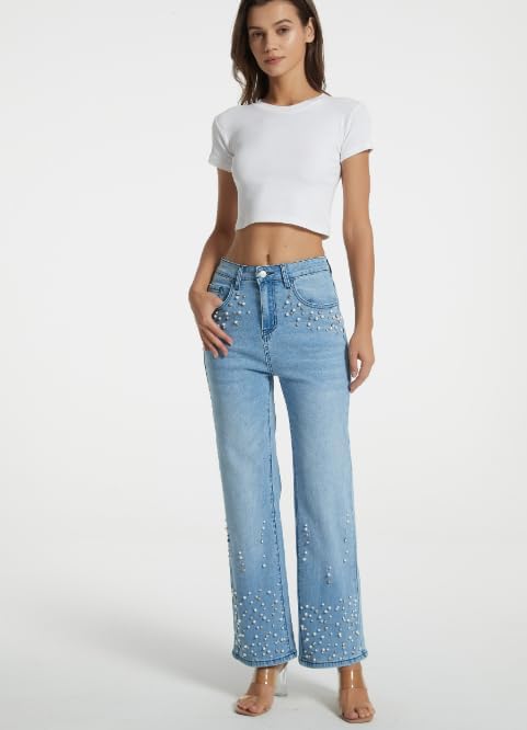 Kedera Womens High Waisted Rhinestone Jeans Casual Straight Wide Leg Bling Sparkly Pants Diamond Denim Jean Trousers - Image 6