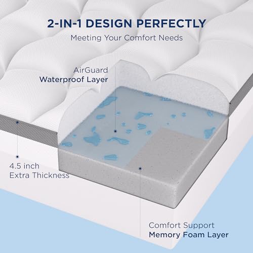 Bedsure 4.5 Inch Memory Foam Mattress Topper Queen Size, Dual Layer 2.5 Inch Gel Memory Foam & 2 Inch Waterproof Pillow Top Cooling Mattress Pad, Deep Pocket Fits 8 Inch-21 Inch Mattresses thumb #1