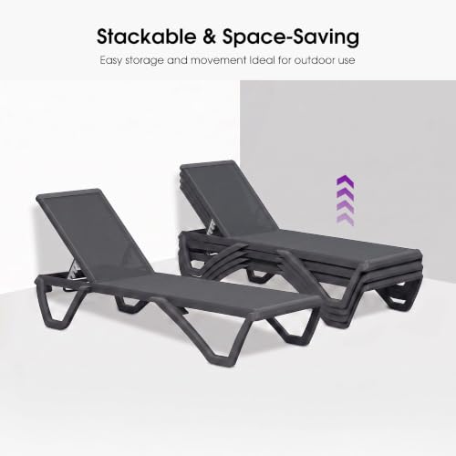 Image of PURPLE LEAF Patio Chaise Lounge Set of 4 Plastic Outdoor Chair, Dark Gray | Aluminum Frame, Plastic + Glass fiber Legs, UV Textilene Fades Less, 5 Recline Angles, 5% Wider Seat, Stackable, Easy-Clean