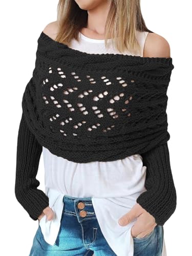 Rayson Ponchos de Punto Invierno con Mangas Grueso Corto Off Shoulder Elegante Capa Crochet Chals y Ponchos de Invierno Mujer(Negro, Talla única)