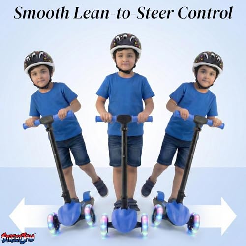 Image of STREETJAM Zoltra LED Wheel Kids Kick Scooter 3-12 Years, LED Light Wheels, BIS Approved, Lean-to-Steer Control, Extra Wide Deck, Vibrant Two-Tone Design, Up to 50 kg Load (Royal Blue with Black)