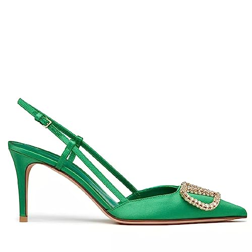 Image of Women Heeled Slingback Sandals V Buckle Closed Pointed Toe Stiletto High Heels Slip-On Backless Evening Prom Party Dress Shoes