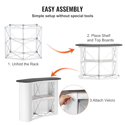 Image of VEVOR Portable Tradeshow Podium Table, 51.18 inch x 18.31 inch x 37.4 inch, Display Exhibition Counter Stand Booth Fair with Wall, Foldable Promotion Retail Bar Table Pop Up Podium with Storage Rack, Carrying Bag