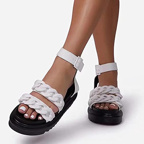 NICETOW Sandálias Femininas Plataforma Feminino Peep Toe Sandália de verão em Cunha com fivela no Tornozelo Tira Peep Toe Flatform Sapatos confortáveis, brancos, 40EU