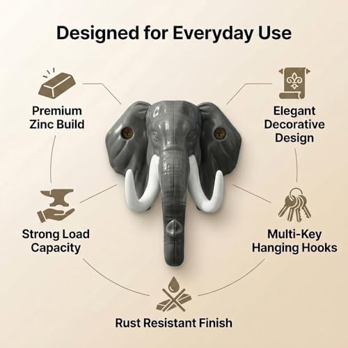 Image of Premium Key Holder for Wall | Decorative Elephant Shape Design | Stylish Key Stand & Key Chain Hanger | Wall Mounted Key Hooks for Home Decor & Office | Grey-White-| 3 Years Warranty |