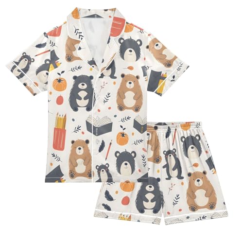 ALAZA Bear Funny Leaves Pajamas Satin Pajama Set Short Sleeve Button Down Sleepwear