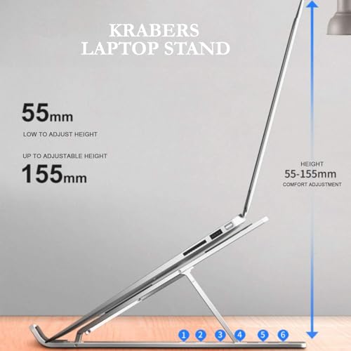 KRABERS-6-Angles-Adjustable-Aluminum-Ergonomic-Foldable-Portable-Tabletop-LaptopDesktop-Riser-Stand-Holder-Compatible-for-MacBook-HP-Dell-Lenovo-All-Other-Notebook-Silver