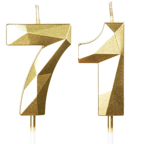 Gold 71. Geburtstagskerzen, 71. Geburtstagsdekorationen für Frauen und Männlich, 3D-Zahl-71-Kerze für Kuchen, Goldene Kuchendekorationen für Geburtstagsfeiern und Hochzeiten Zubehör