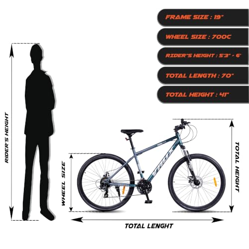 Image of Vaux City-Pro Hybrid Cycle for Men with Gears|21 Speed Shimano Gears| 19 Inch HI-Ten Steel Frame| Dual Disc Brakes| 700x35C Tyres|Double-Wall Alloy Rims (Grey-Blue, Multispeed, Suspension Fork)