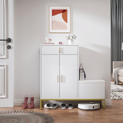 Image of HedoAjim L-Shaped Shoe Storage Cabinet with Bench, Entryway Shoe Cabinet with Drawer, Modern Freestanding Shoes Organizer Cabinet for Entryway Hallway Front Door, White