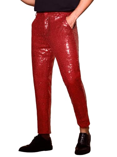 Lars Amadeus Shiny Pants for Men's Glitter 70s Disco Night Club Tapered Sequin Pants