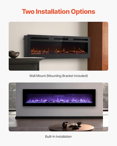 Image of VEVOR 60 inch Electric Fireplace, Wall Mounted Recessed Fire Place with Remote Control, Timer, 1500W, Adjustable Flame Color Brightness, Touch Screen, Overheat Protection, for Living Room,Bedroom