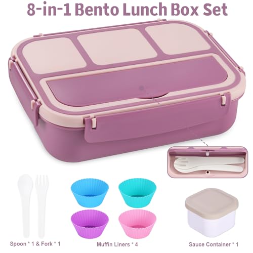 Image of shell and turtle Bento Box Adult Lunch Box, Lunch Containers for Kids Girls Boys with 4 Compartments, Lunchable Food Container with Utensils, Sauce Jar, Muffin Liners, 40 Oz /5 Cup, Dark Purple