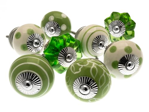 Mango Tree Lot de 8 boutons de placard décoratifs verts et blancs à pois et rayures en céramique pour porte et tiroir - Décoration d'intérieur vintage