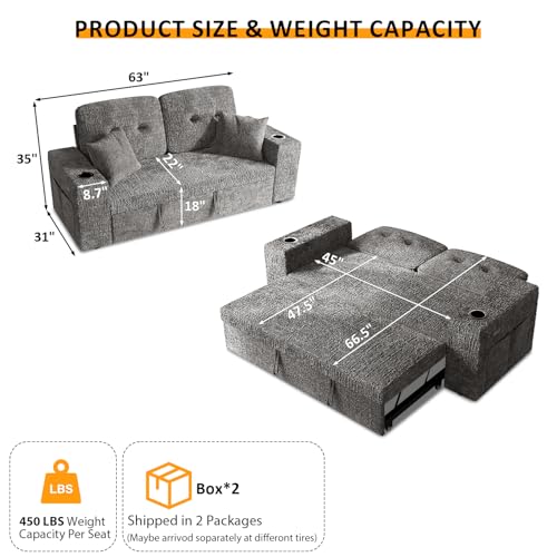 Image of 63 Inch Sleeper Sofa Bed, 3 in 1 Pull Out Couch Bed with Reclining Backrest, Small Loveseat with Wide Armrest | USB Charging | Side Pockets | Cup Holders | Tool Free Assembly, Grey