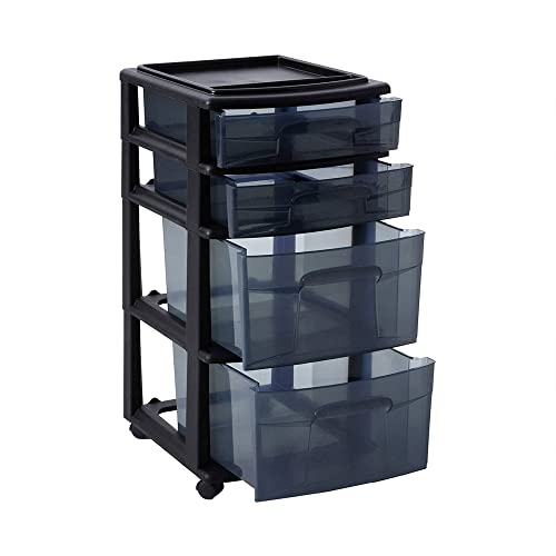 Homz Tall Solid Plastic Versatile 4 Drawer Medium Home Storage Cart With 4 Caster Wheels For Home, Office, Dorm, And Classroom, Black #TOP1