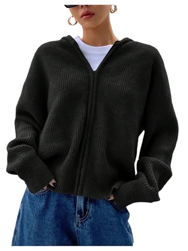 Image of SOLY HUX Zip Up Cardigan for Women Hooded Cardigan Sweater Knitted Drop Shoulder Fall Clothes Winter Hoodies Outerwear