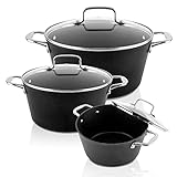 APTA TODO TIPO DE COCINAS: El Set de ollas son aptas para todo tipo de cocinas: Vitrocerámica, Gas, Eléctrica incluso de Inducción. Fáciles de mantener, se recomienda lavar a mano para mantener sus cualidades durante años.