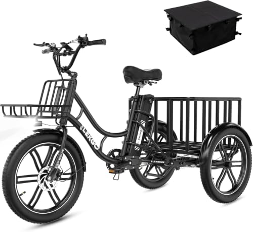 ELEKGO 20 Zoll E Bike Dreirad, 48V 18AH abnehmbare Batterie, NFC-Entriegelung, Vorwärts- und Rückwärtsgang, mit Fettreifen, Scheinwerfer, Lastenfahrrad, Tragfähigkeit 200 kg