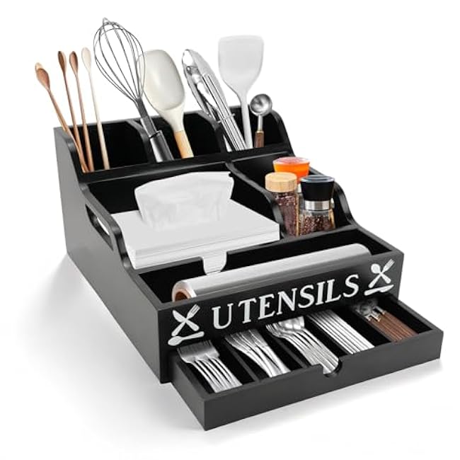 Kitchen Utensil Holder with Drawer, Farmhouse Spatula Organizer for Countertop,Large Capacity Flatware Spoon Forks Knives Cooking Tool Cutlery Holder for Party Picnic BBQ with 11 Compartments(Black)
