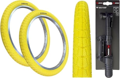 Kenda Krackpot YELLOW 20 x 1.95 BMX/Mountain Bike Tyre K-90 (PACK OF 2) + MINI PUMP