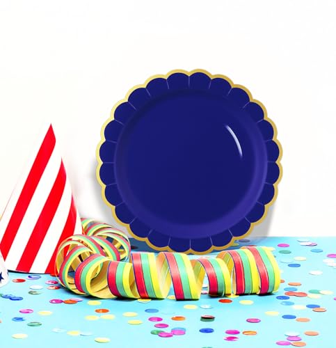 Image of HEIPINIUYE 50 Pieces Blue Paper Plates with Gold Foil 7 Inch Disposable Blue and Gold Scalloped Dinner Plates for Wedding Baby Shower Birthday Party Dessert Plate
